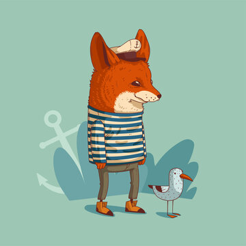 Cartoon vector illustration of humanized sailor fox. A fennec wearing marine uniform standing still in a company of small seagull. Anthropomorphic fox. Animal character with human body