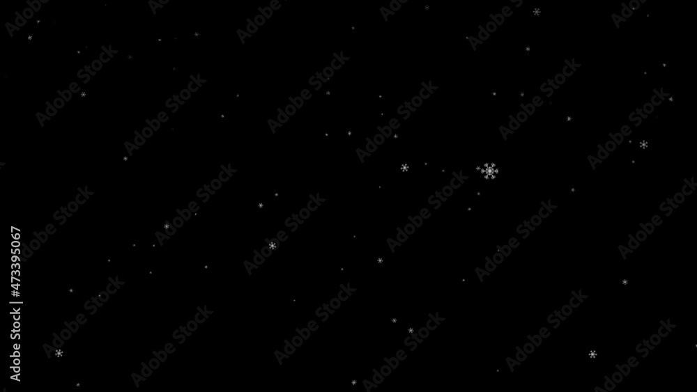 Poster artistic winter snowflakes falling slowly on seamless loop black copy space background animation.