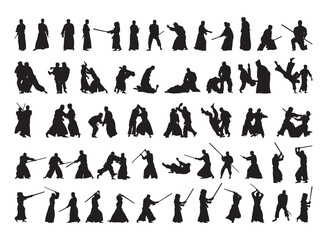 Collection of black silhouettes of people practicing aikido. Shadows of the fighting men on a white background. Martial arts illustrations. - obrazy, fototapety, plakaty