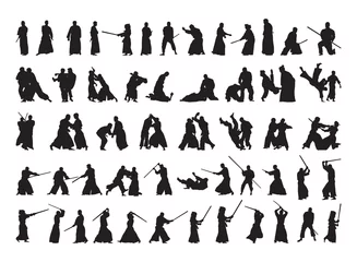 Foto op Plexiglas Collection of black silhouettes of people practicing aikido. Shadows of the fighting men on a white background. Martial arts illustrations. © Malika