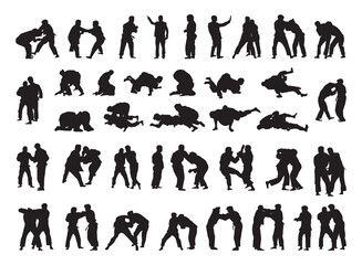 Collection of black silhouettes of people practicing judo. Shadows of the fighting men on a white background. Martial arts illustrations. - obrazy, fototapety, plakaty