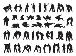 Foto op Plexiglas Collection of black silhouettes of people practicing judo. Shadows of the fighting men on a white background. Martial arts illustrations. © Malika