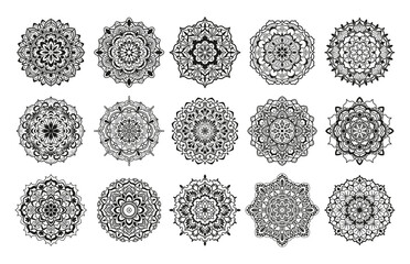 Set of mandalas for creating tattoos, ornaments, stickers. Vector graceful illustration of mehendi in black colour.