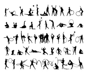 Fototapeta na wymiar Collection of black silhouettes of rhythmic gymnastics. Shadows of girls gymnasts on a white background. Sport illustrations.