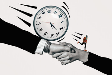The man runs away from the clock that follows him. Time management and deadline concept