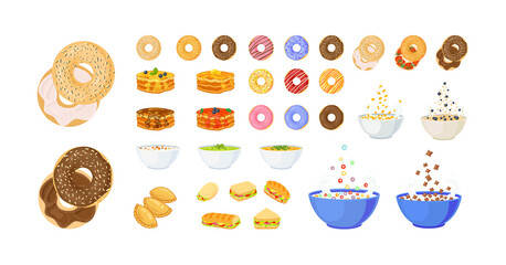 Set of Cartoon Food, Breakfast Illustrations, Icons Set Isolated on White Background, Colorful Design Elements, Menu Icons, Sandwiches, Soup.