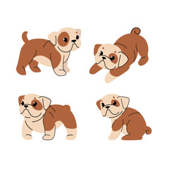 Cartoon dog icon set. Different poses of bulldog. Vector illustration for prints, clothing, packaging, stickers.