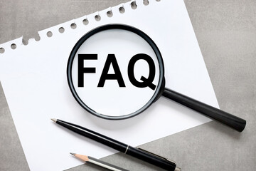 FAQ - Frequency Asked Question,text inside a black magnifier on a gray background