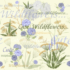 A seamless pattern of wildflowers and lettering. Pastel paints