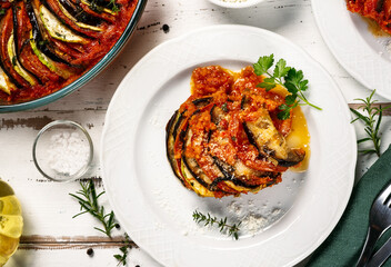 French tradininal vegetable dish ratatouille in white plate. Close up and top view