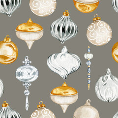 Watercolor Christmas crystal bulb decorations hand drawn seamless pattern