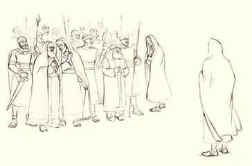Fototapeta na wymiar Pharisees and high priests with soldiers in Gethsemane. Pencil drawing