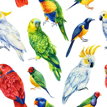 Tropical colorful birds watercolor illustration seamless pattern