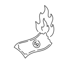 Burning dollar. Sketch money on fire. Failed business and economic crisis. Loss and inflation. Doodle Cartoon illustration