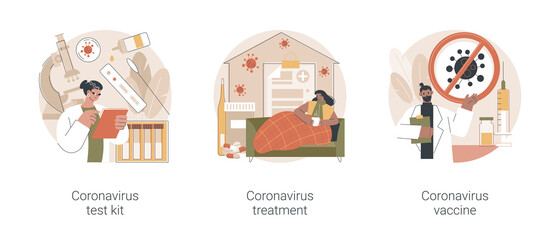 Covid19 pandemic abstract concept vector illustration set. Coronavirus test kit, covid19 treatment and vaccine, intensive therapy, lung ventilation, medical laboratory, healthcare abstract metaphor.