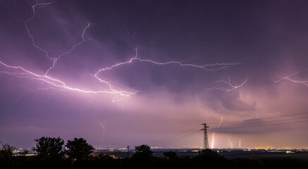 Long, branched, powerful lightning bolts strike down behind the trees. Dramatic lightning bolt. High quality photo