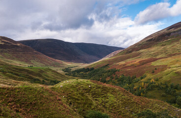 Wide view into Glen Roy in the Highlands of Scotland
