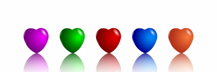 Hearts-balloons of different colors. Set of multi-colored hearts with their own reflection. Vector illustration