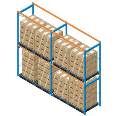 物流通販ロジスティクスイメージのイラスト　シュリンクされたダンボールとラック棚　アイソメトリックス　Logistics shelves