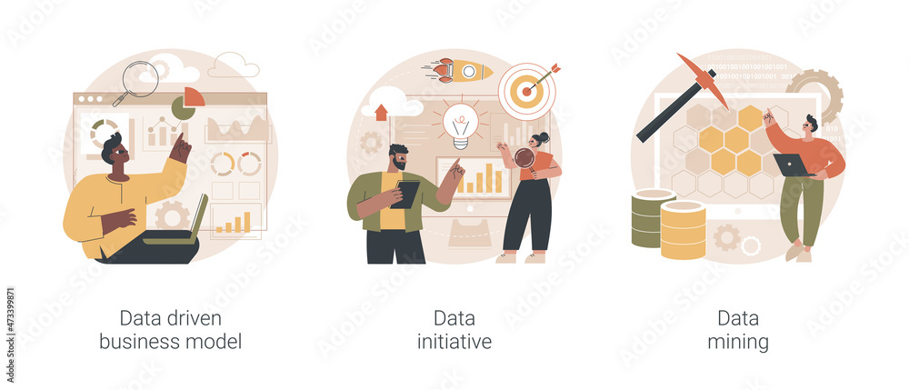 Poster data analytics abstract concept vector illustration set. data driven business model, information ini