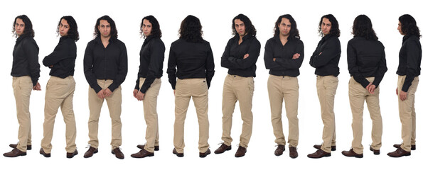 various poses of the same man from the front,side anb back view on white background