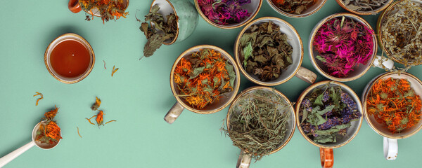 Assortment of dried relaxing tea herbs in colourful cups on mint green background with honey....