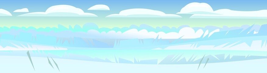 Naklejka na ściany i meble Snowdrift scene. Winter rural landscape with cold white snow and drifts. Beautiful frosty view of countryside hilly plain. Flat design cartoon style. Vector
