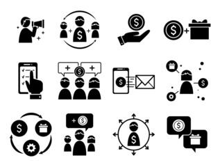 Simple set of outline icons for refer a friend program isolated on white background