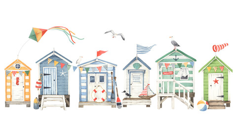 Summer panoramic banner, card, print with beach huts, seagulls and design elements, symbols hobbies and leisure on coast sea, ocean or lake. Marine watercolor illustration isolated on white background - 473400897