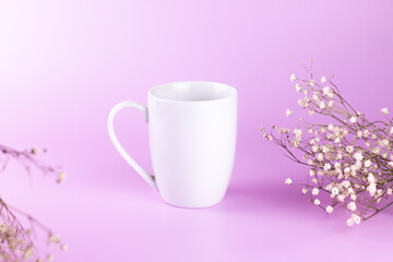 Obraz na płótnie Canvas White cup and flower branch Gypsophila on pink background. mock up minimal concept with copy space.