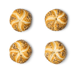 Four baked french buns with seeds