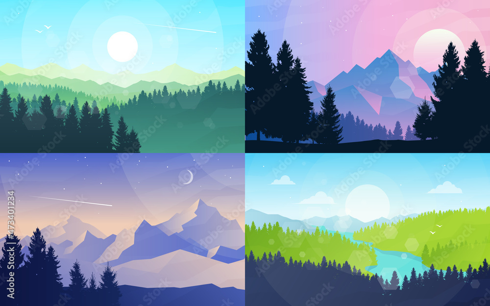 Wall mural abstract landscape natural set. banners set with polygonal mountains landscape illustrations. minima