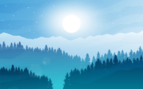 Nature landscape, night scene in nature with mountains and forest, silhouettes of trees. Hiking tourism. Adventure. Minimalist graphic flyers. Polygonal flat design for coupons, vouchers, gift cards © Yurii