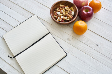 fruit cereals proper nutrition notepad breakfast diet top view