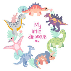 Obraz na płótnie Canvas Dino frame for baby girl of hand drawn flat vector dinosaurs. Triceratops, t-rex, pteranodon, spinosaurus, stegosaurus, velociraptor, parasaurolophus, brontosaurus.