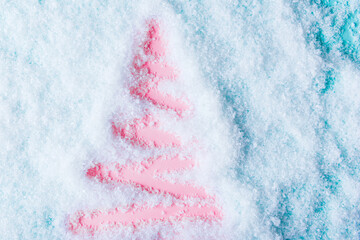 Christmas tree drawn on snowy background. Xmas and New Year concept