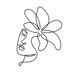 Face of an abstract woman with a flower in a modern abstract minimalist one line style. Continuous black line faces simple drawing. Isolated on white. Vector fashion illustration.