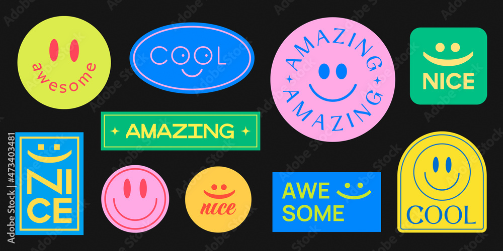 Wall mural set of smile stickers vector design. cool trendy patches background. hipster badges.