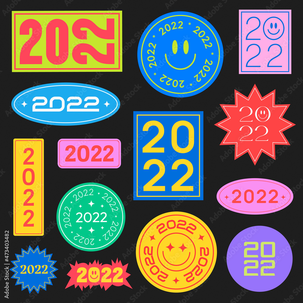 Aufkleber cool trendy 2022 stickers collection. happy new year background with patches. vector badges.