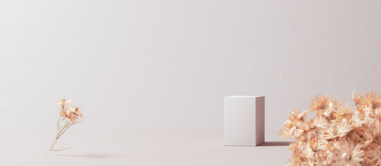 Abstract minimal interior for cosmetic object placement, product display background with dry flowers decoration, 3d rendering scene