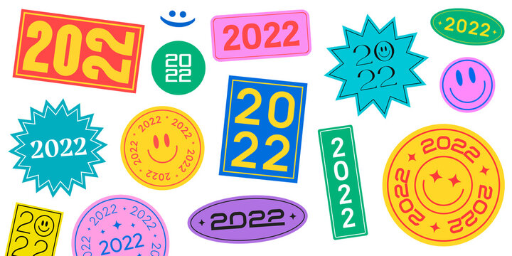 Cool Trendy 2022 Stickers Collection. Happy New Year Background with Patches. Vector Badges.