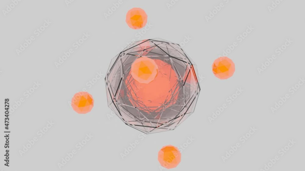 Poster abstract orange sphere inside a glass 3d figure with many edges. design. balls rotating around the s