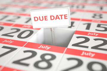 DUE DATE sign on July 21 in a calendar, 3d rendering