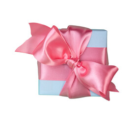 Blue gift box wrapped with silk pink ribbon isolated on white background.