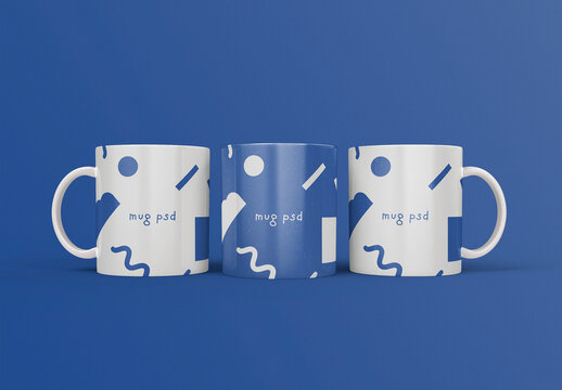 3D Front View of Three Coffee Mugs Mockup