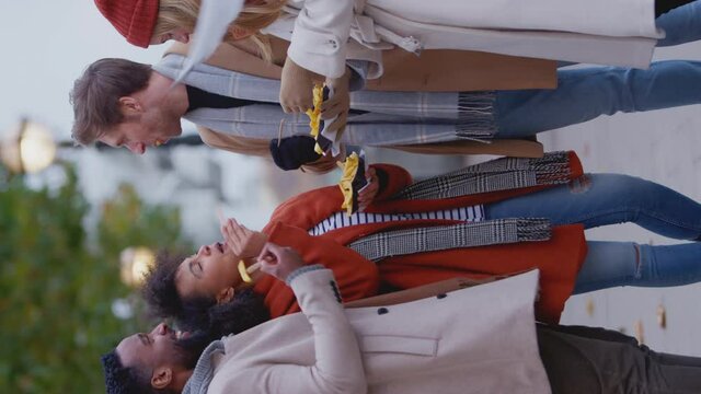Vertical video of friends outdoors wearing coats and scarves being attacked by seagulls as they eat takeaway fries on autumn or winter trip to London - shot in slow motion