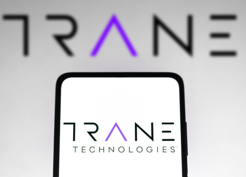 December 6, 2021, Brazil. In this photo illustration the Trane Technologies logo seen displayed on a smartphone and on the background.
