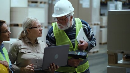 Senior man warehouse worker using bar code reader. Female supervisor and warehouse workers scanning packages and make a final inventory of goods   