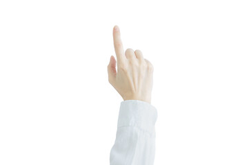 Hand of a Caucasian woman in white shirt. Points the thumb up.