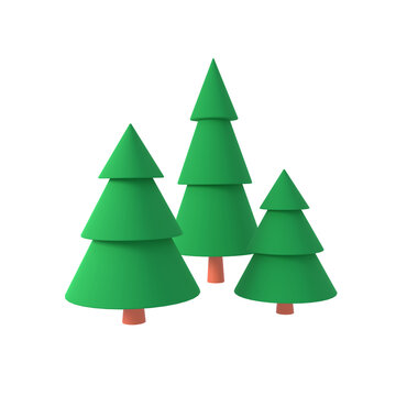 Three green firs or pine trees isolated on white background 3D render illustration. Cartoon stylized nature design elements. Christmas tree or outdoors park or forest clipart. Simple 3D icon or logo.